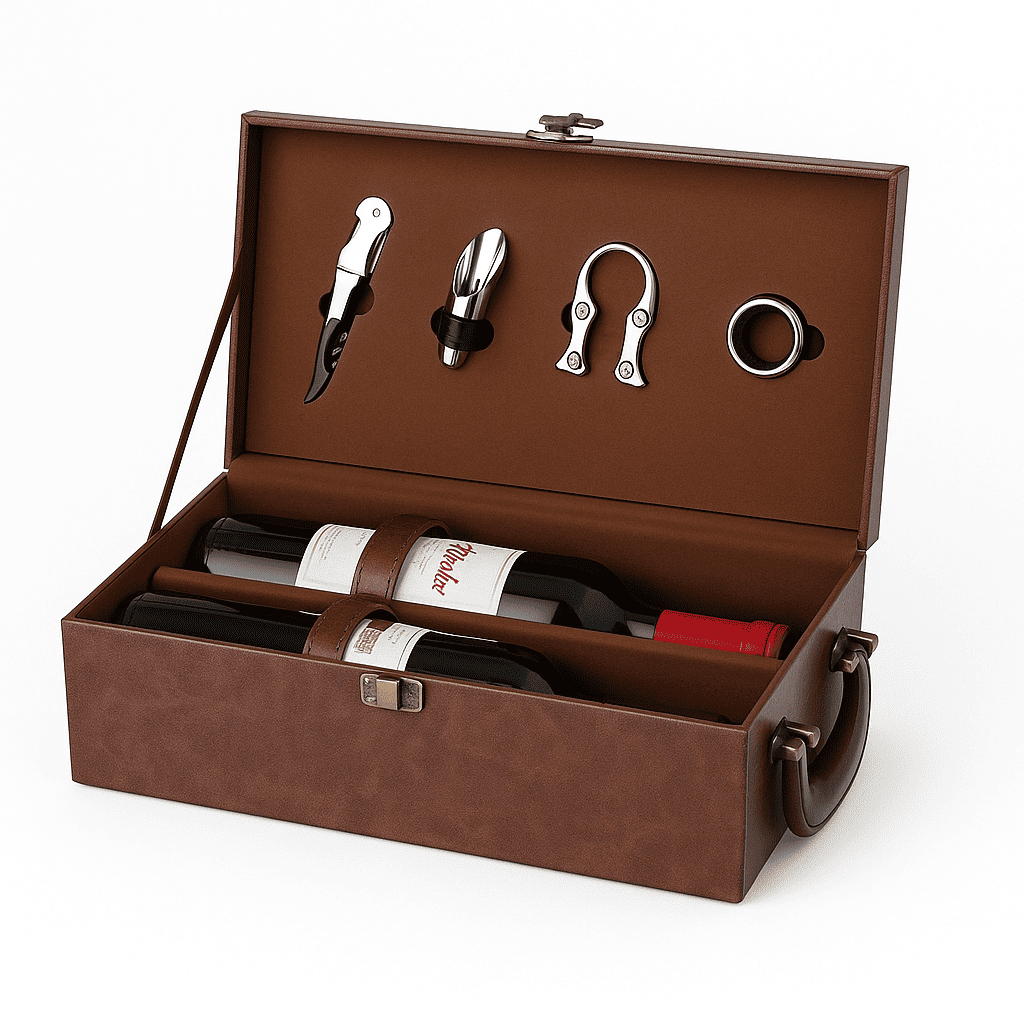 Maleta para vinho de couro com compartimento para 2 garrafas e kit de 4 acessórios
