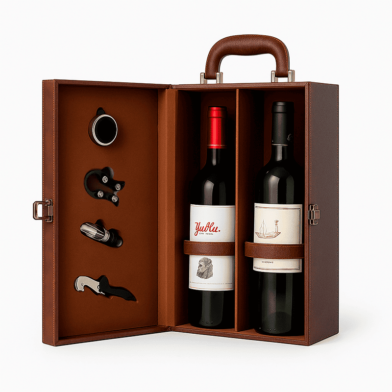 Maleta para vinho de couro com compartimento para 2 garrafas e kit de 4 acessórios