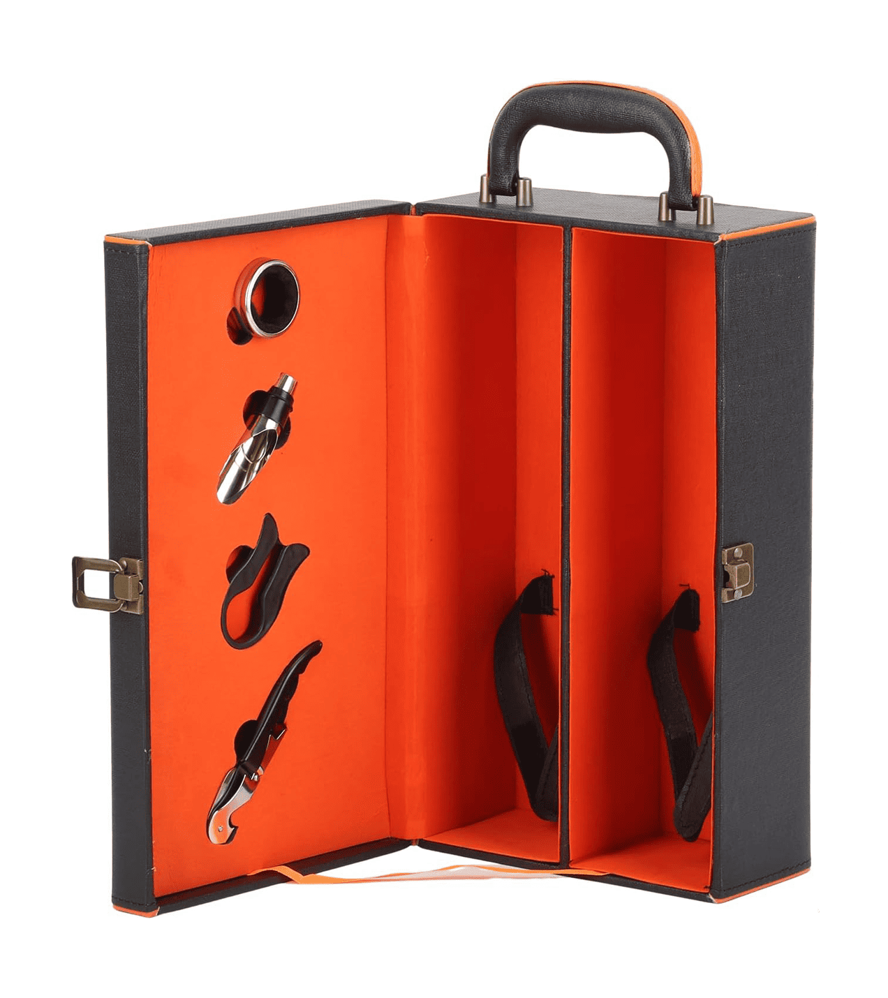 Maleta para vinho de couro com compartimento para 2 garrafas e kit de 3 ou 4 acessórios