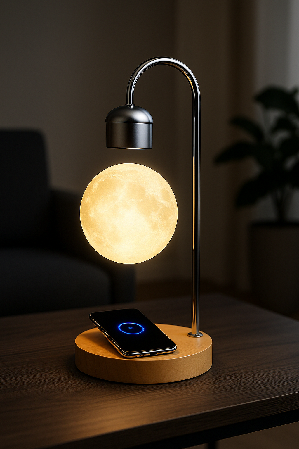 Luminária lua flutuante com levitação magnética e carregador sem fio e por indução acoplado para celular