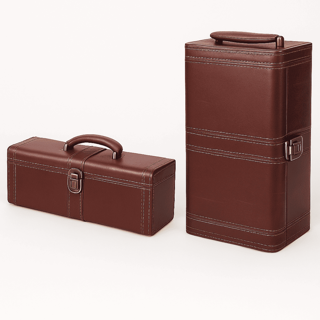 Maleta para vinho de couro com compartimento para 2 garrafas e kit de 4 acessórios