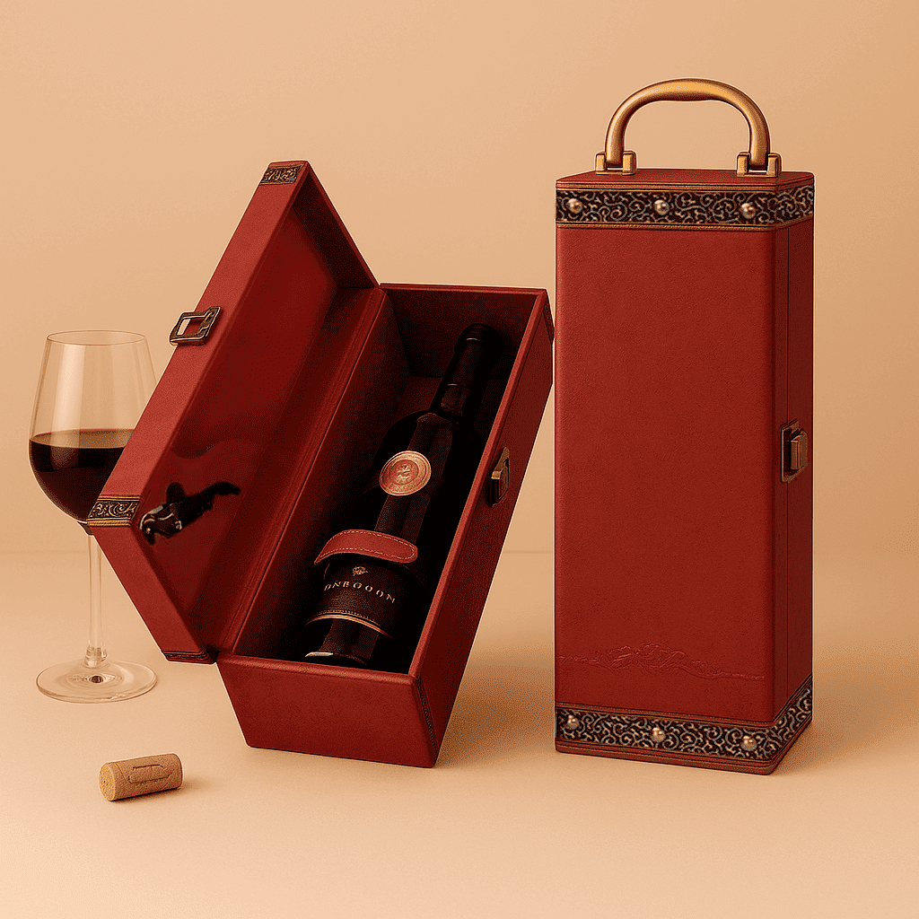 Maleta para vinho de couro com compartimento para 1 garrafa e kit de 1 acessório