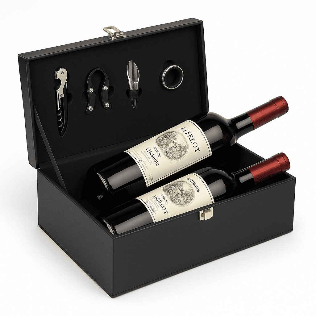 Maleta para vinho de couro com compartimento para 2 garrafas e kit de 4 acessórios
