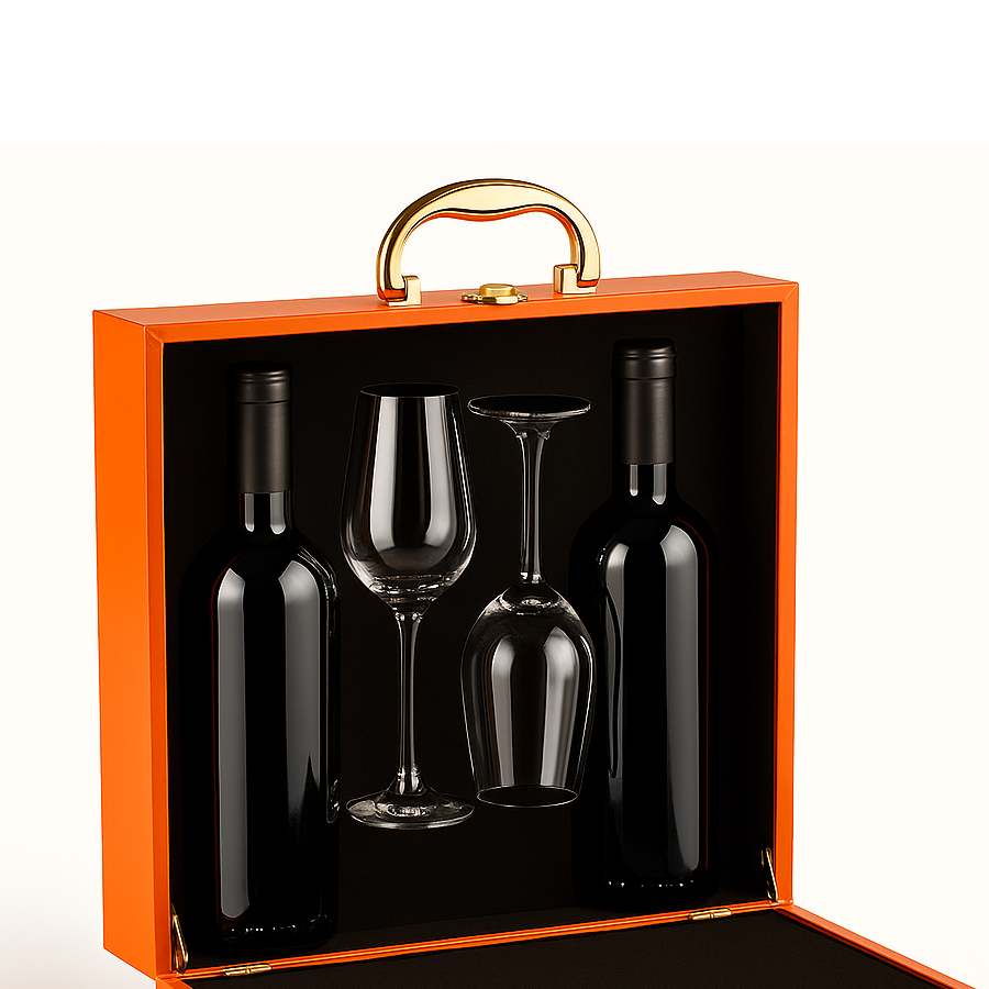 Maleta para vinho de madeira com 2 taças e compartimento para 2 garrafas