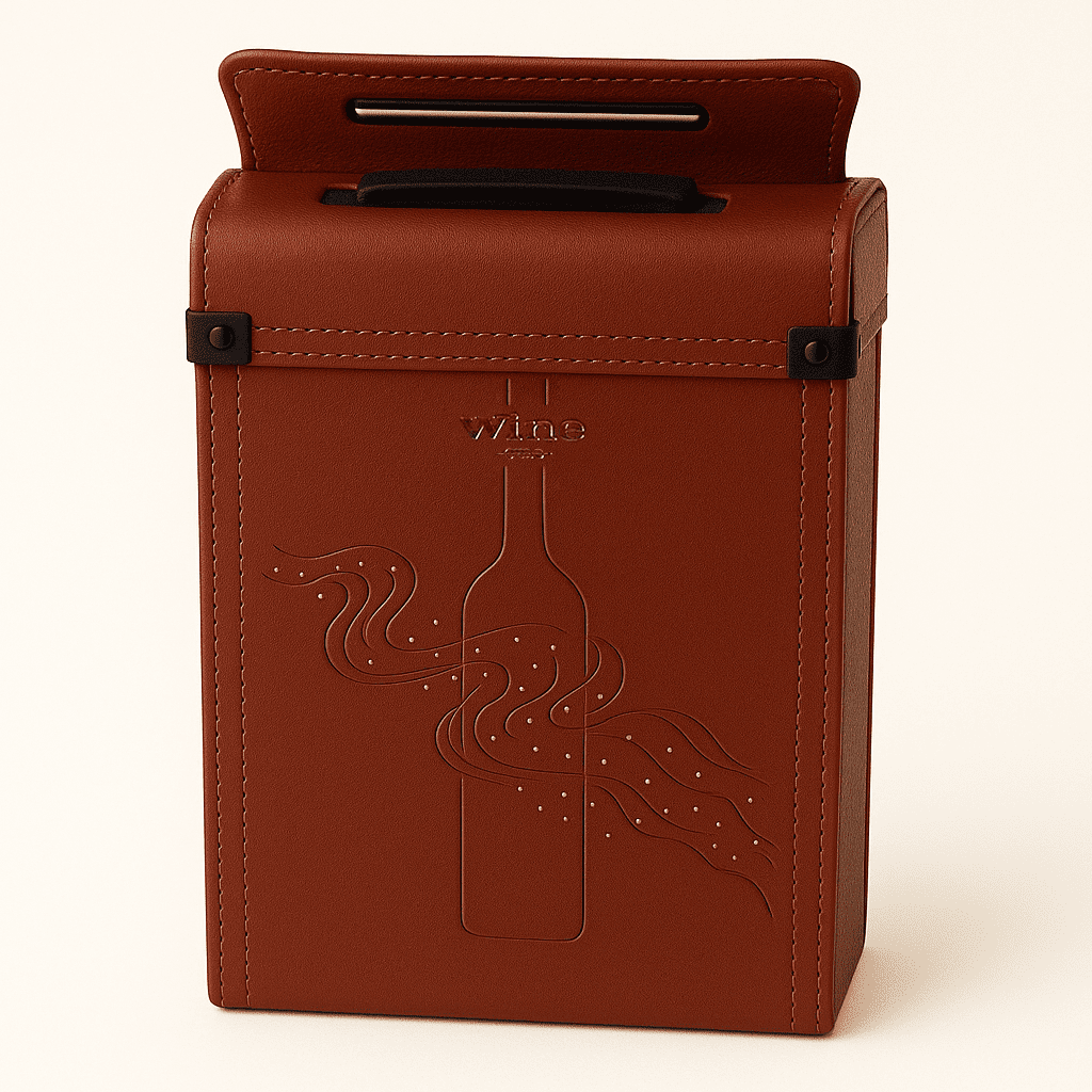 Maleta para vinho de couro com compartimento para 2 garrafas e 1 acessório