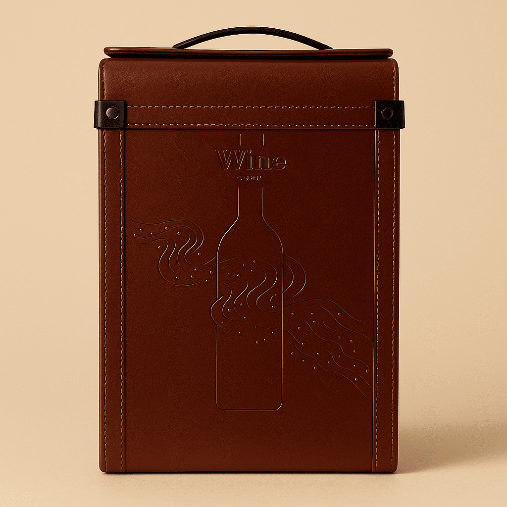 Maleta para vinho de couro com compartimento para 2 garrafas e 1 acessório