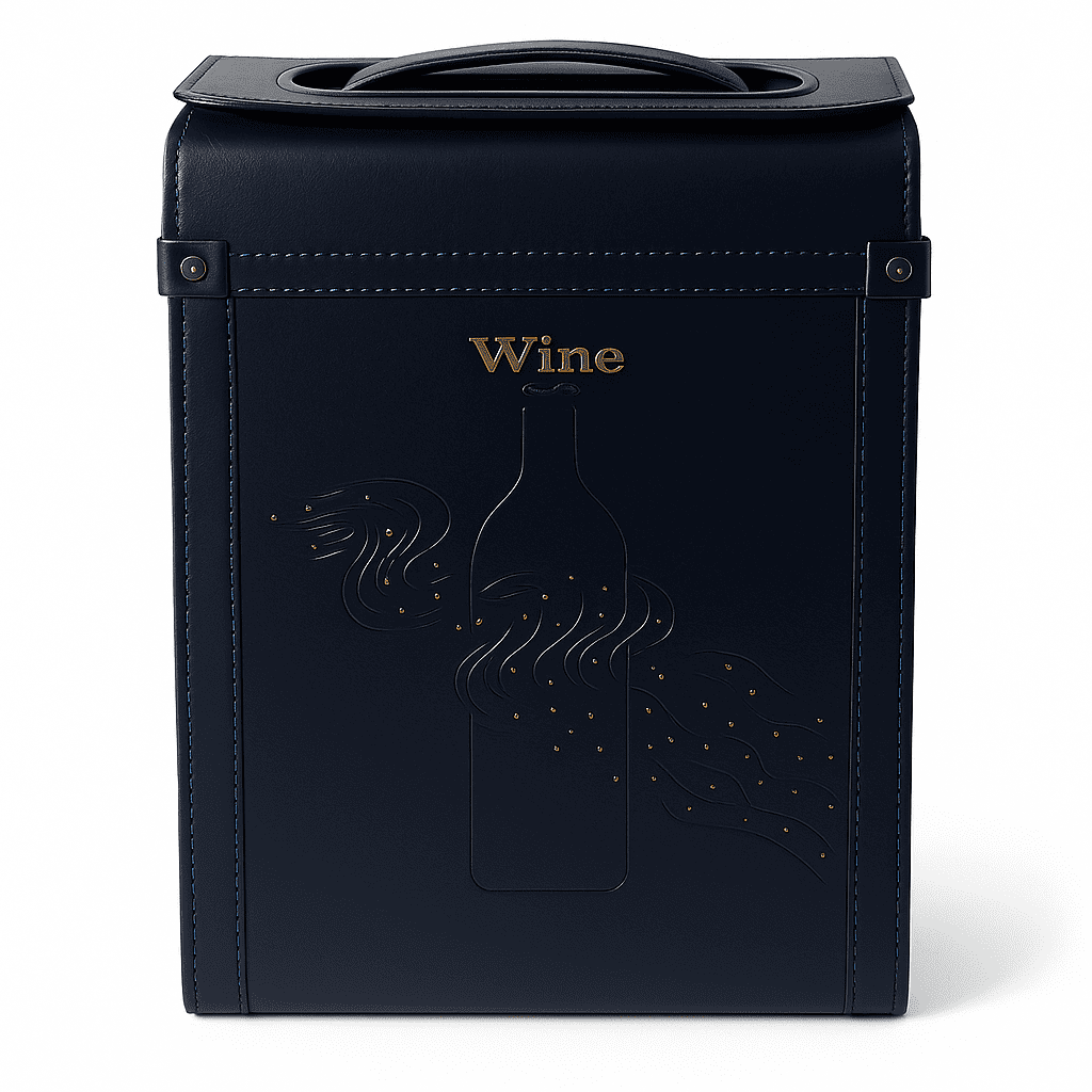 Maleta para vinho de couro com compartimento para 2 garrafas e 1 acessório