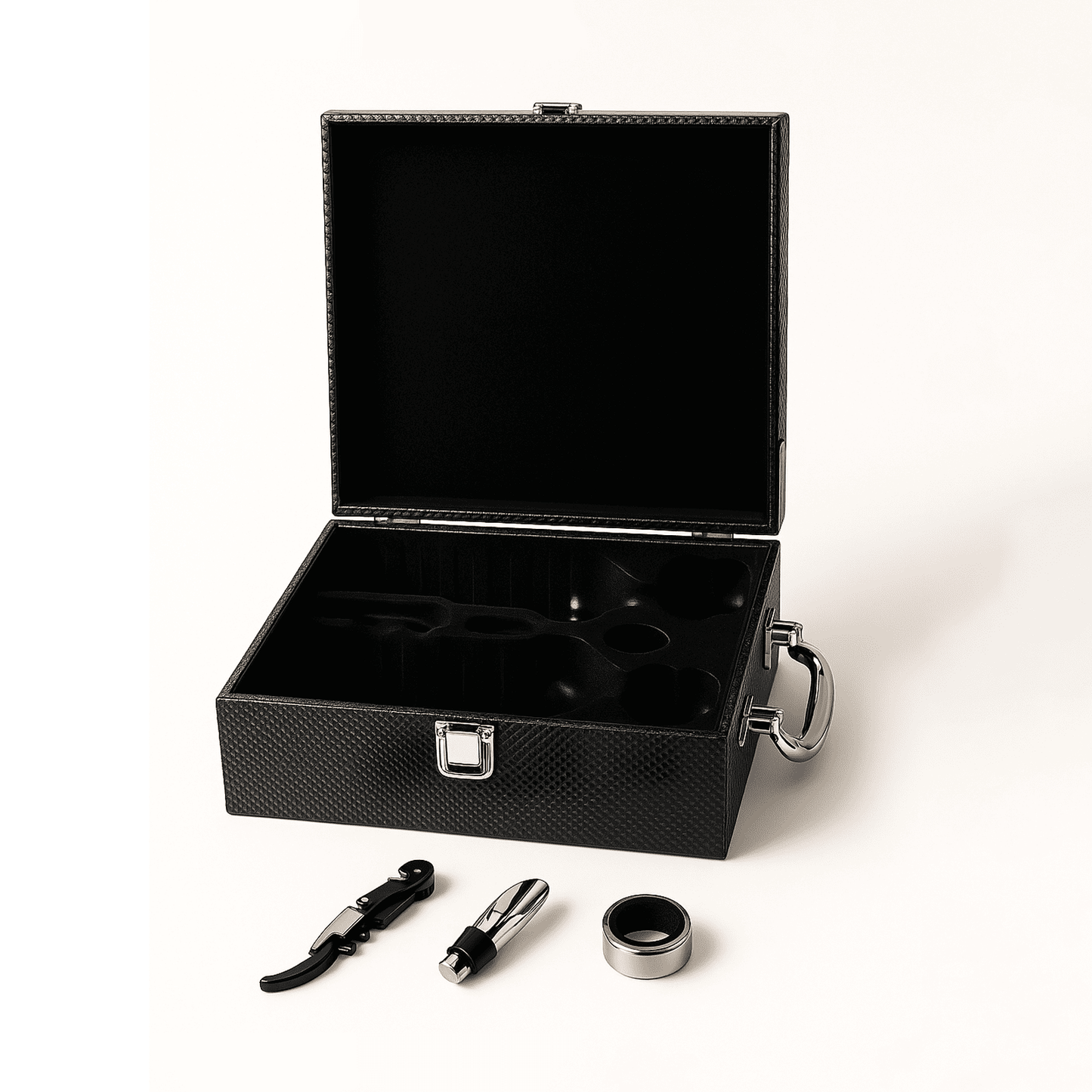 Maleta para vinho de fibra de carbono com compartimento para 2 garrafas e kit de 3 acessórios