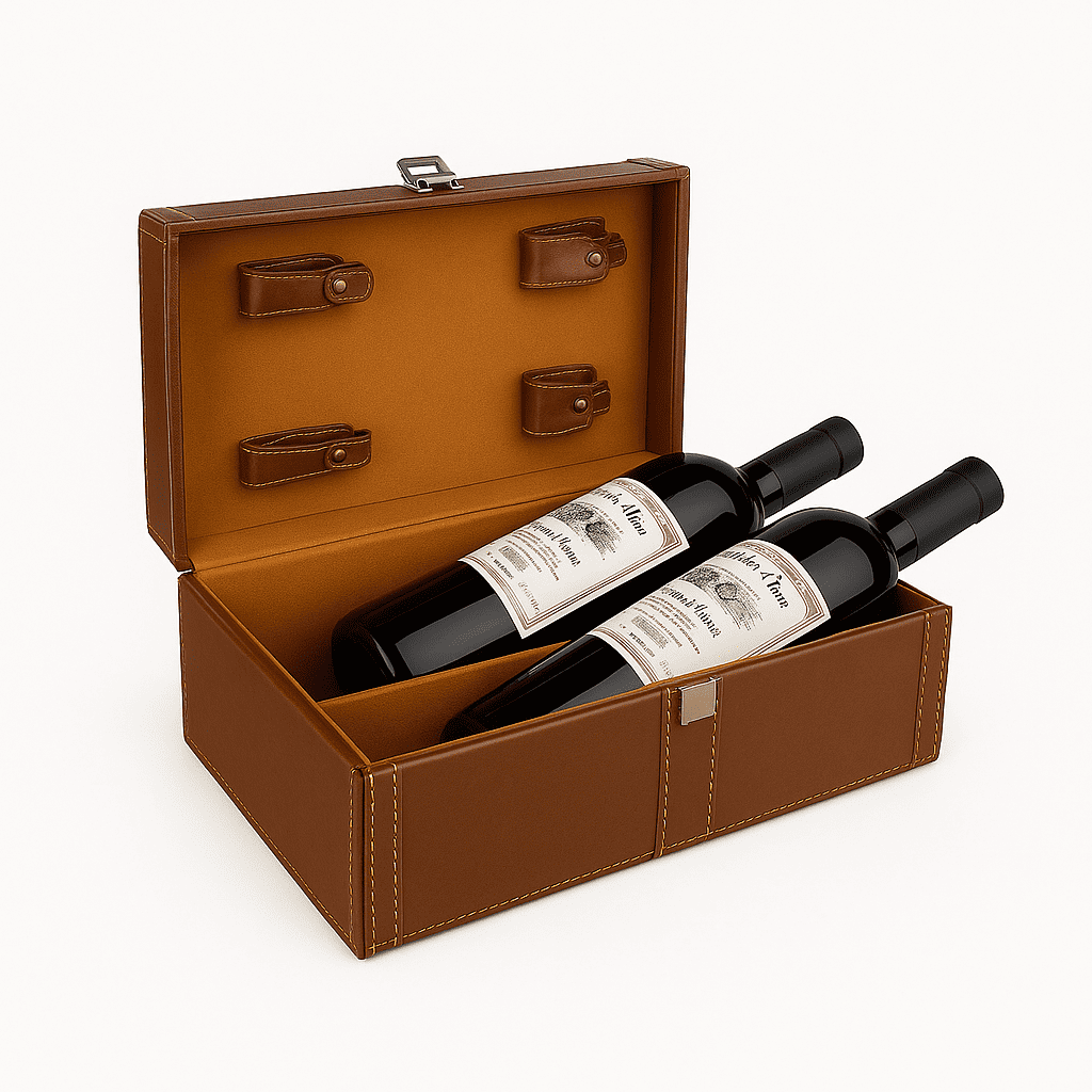 Maleta para vinho de couro com compartimento para 2 garrafas e kit de 4 acessórios