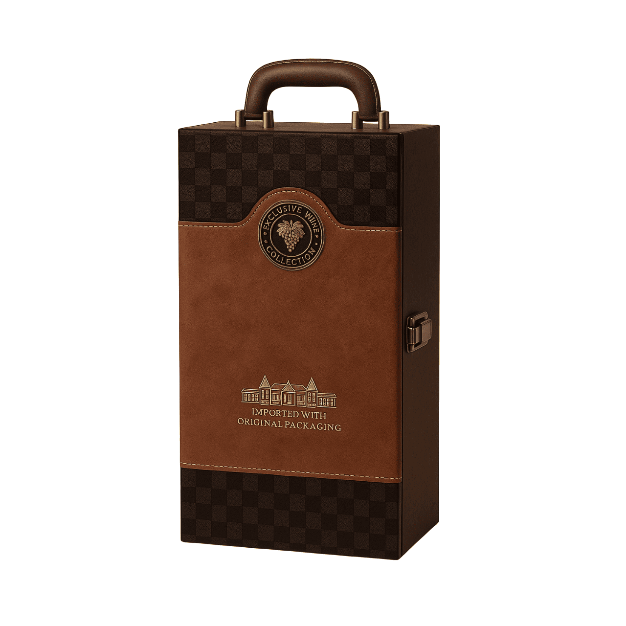 Maleta para vinho de couro com compartimento para 2 garrafas e kit de 4 acessórios