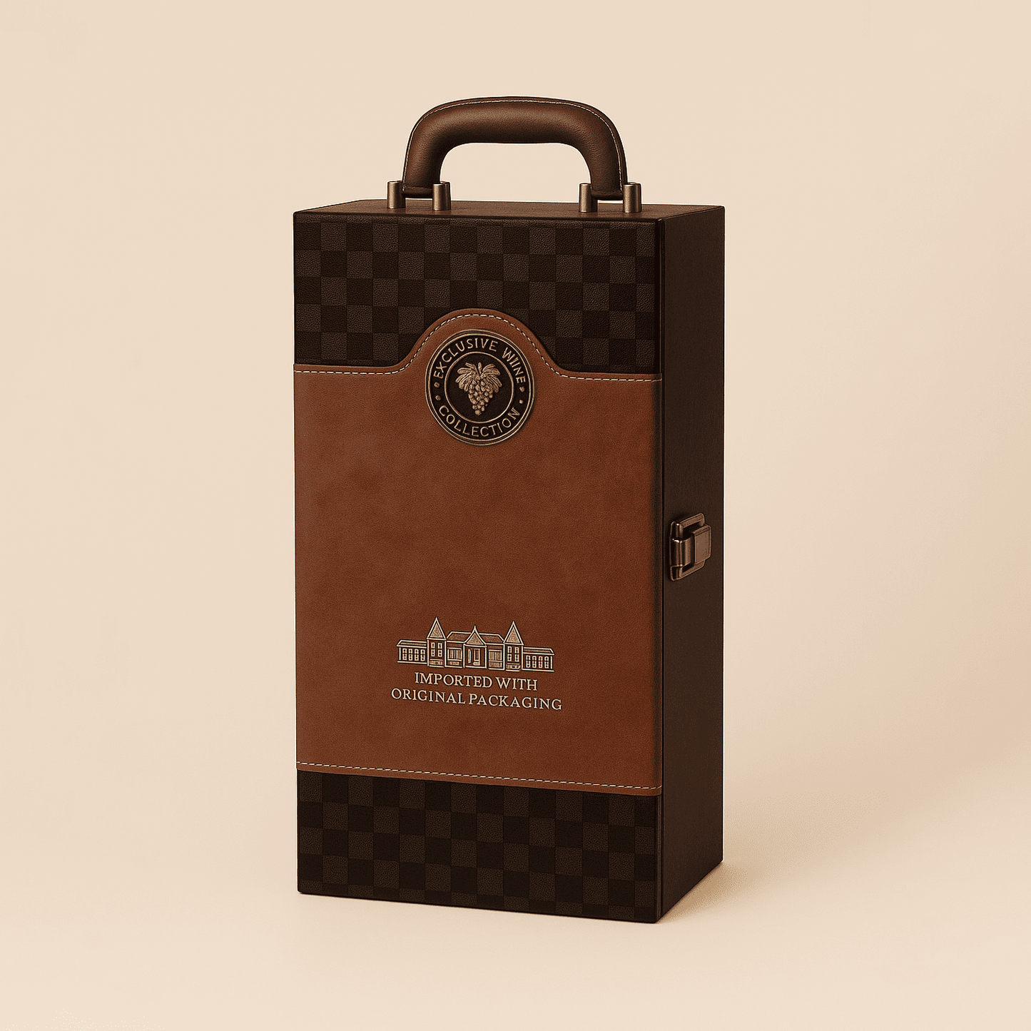 Maleta para vinho de couro com compartimento para 2 garrafas e kit de 4 acessórios