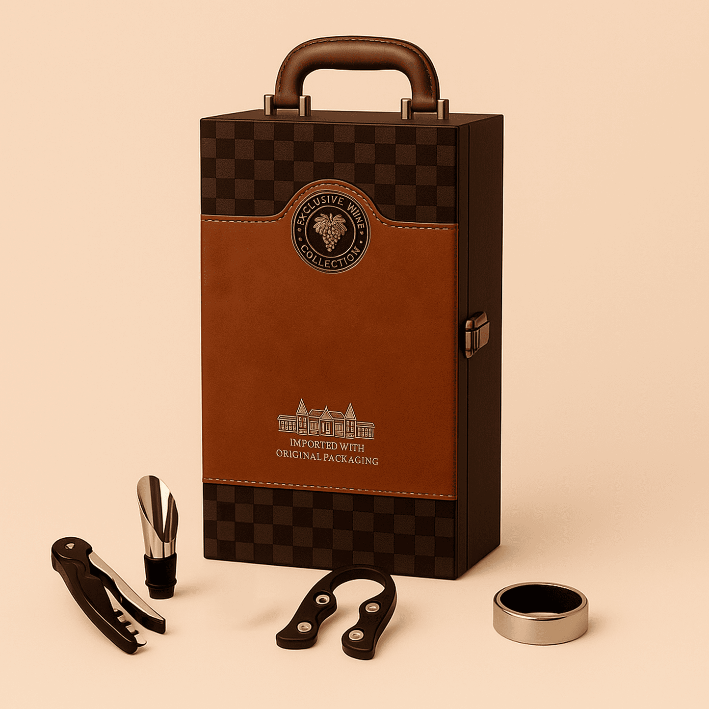 Maleta para vinho de couro com compartimento para 2 garrafas e kit de 4 acessórios