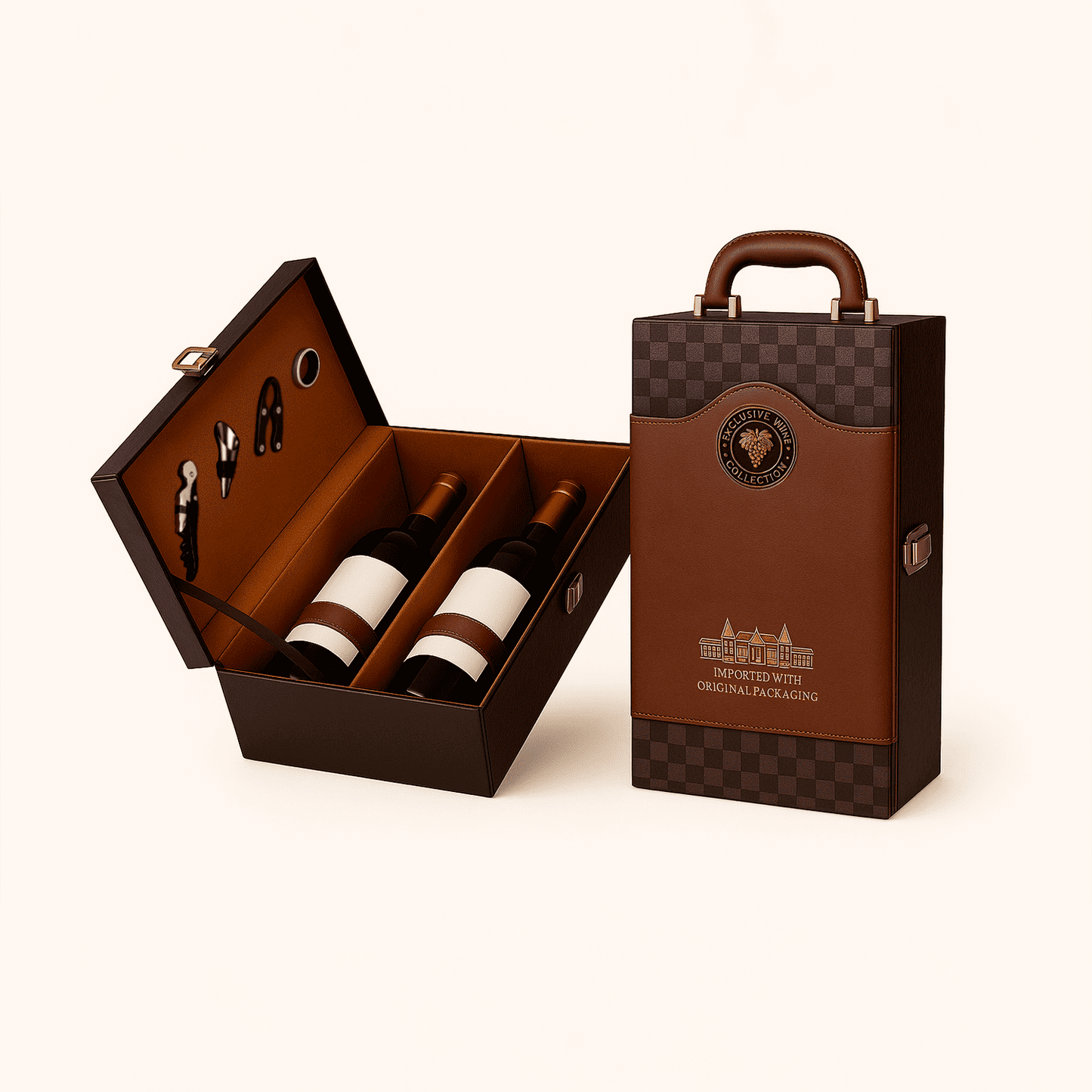 Maleta para vinho de couro com compartimento para 2 garrafas e kit de 4 acessórios