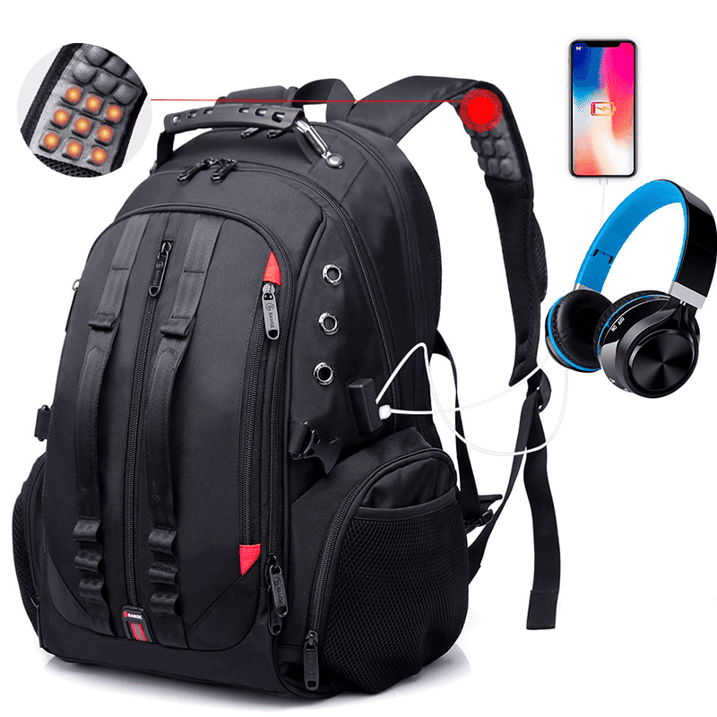 Bange waterproof 45l backpack with headphone jack and USB port for cell phone battery charging