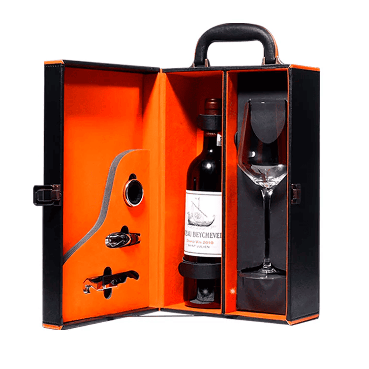 Maleta para vinho de couro com compartimento para 2 garrafas e kit de 3 ou 4 acessórios