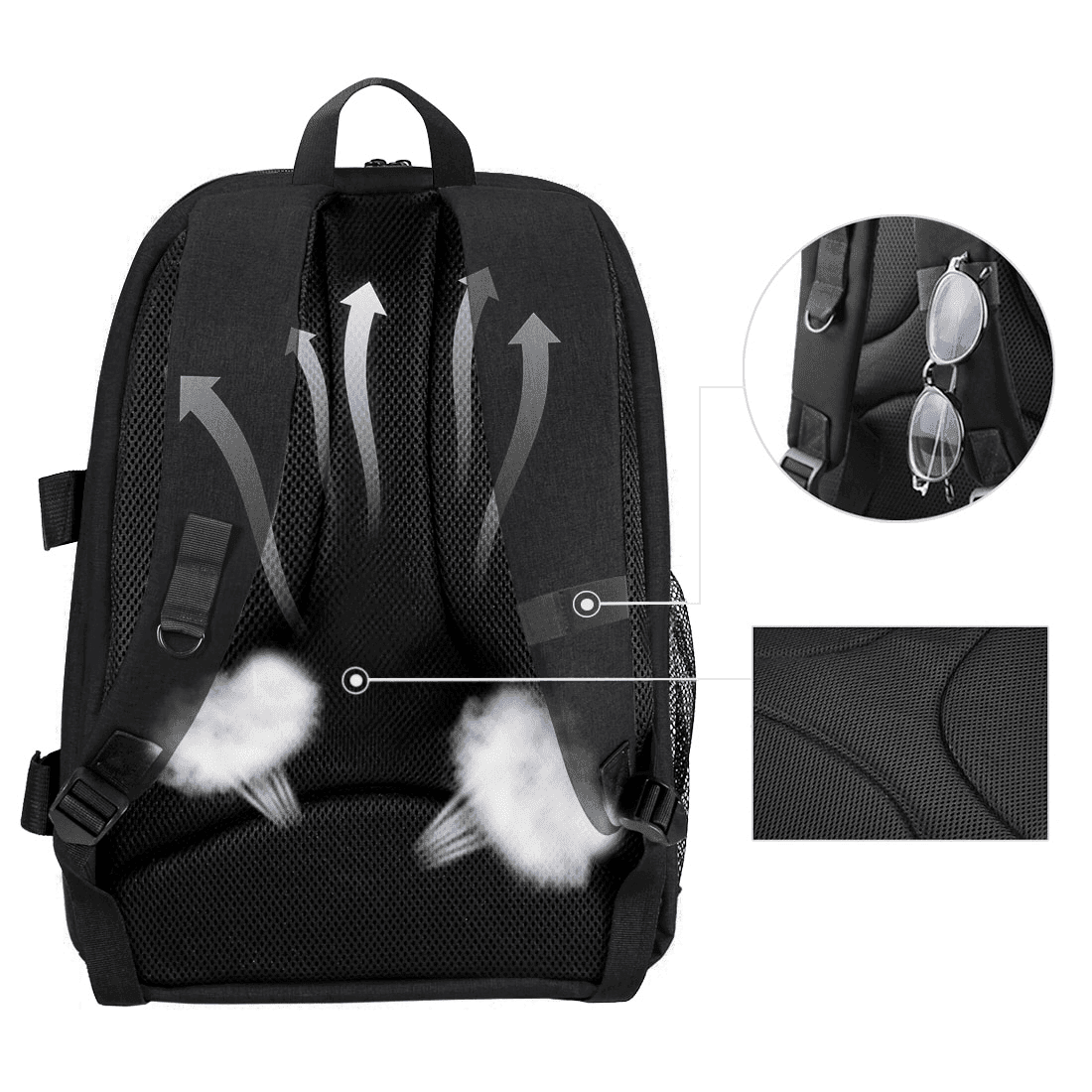 Mochila impermeável para câmeras, lentes e acessórios fotográficos com entrada para fone de ouvido e entrada USB para carregamento de celular