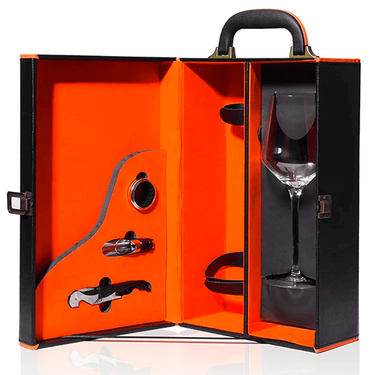 Maleta para vinho de couro com compartimento para 2 garrafas e kit de 3 ou 4 acessórios