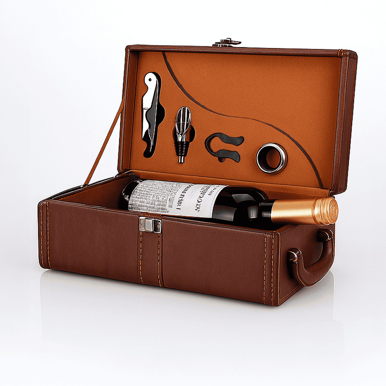 Maleta para vinho de couro com compartimento para 2 garrafas e kit de 4 acessórios