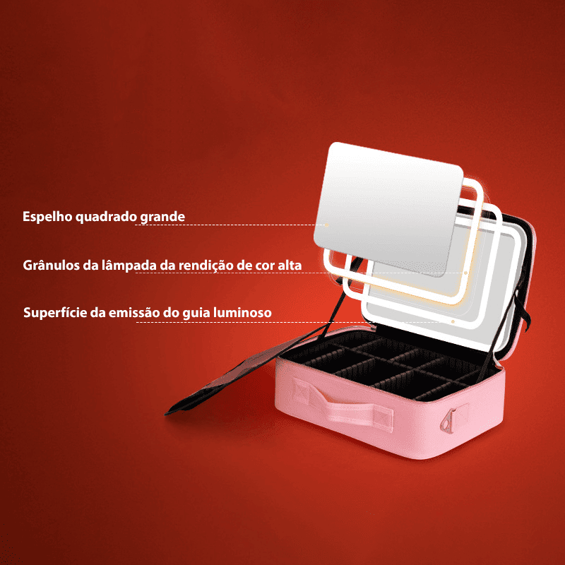 Maleta organizadora para maquiagem com espelho e LED embutido