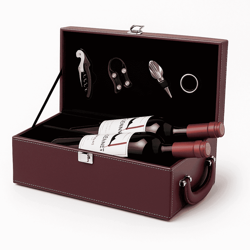 Maleta para vinho de couro com compartimento para 2 garrafas e kit de 4 acessórios