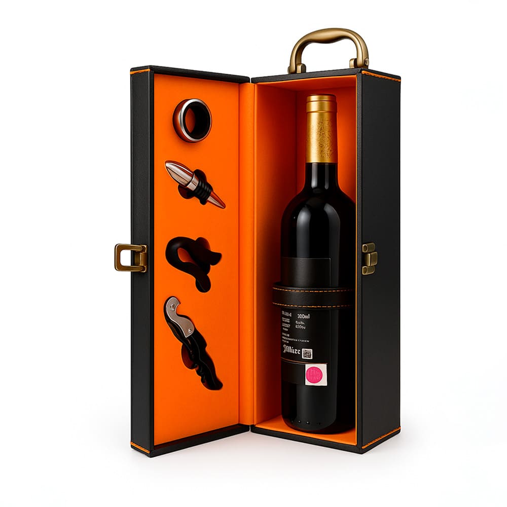 Maleta para vinho de couro com compartimento para 1 garrafa e kit de 4 acessórios