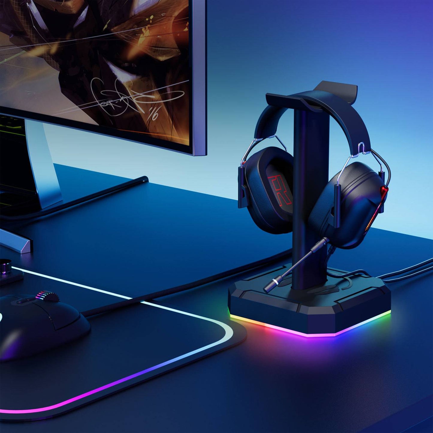 Suporte para fone de ouvido headset com luzes RGB (modelo 1) Rede Canan