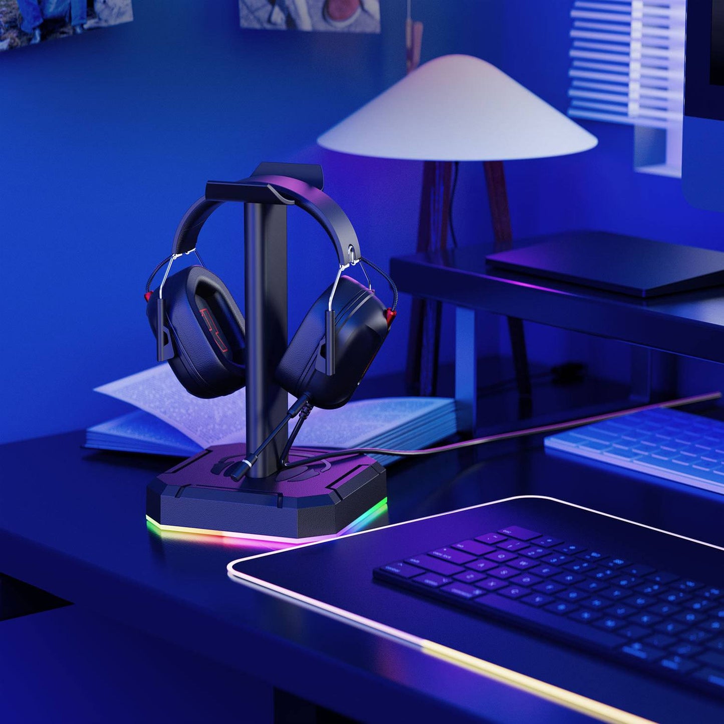 Suporte para fone de ouvido headset com luzes RGB (modelo 1) Rede Canan