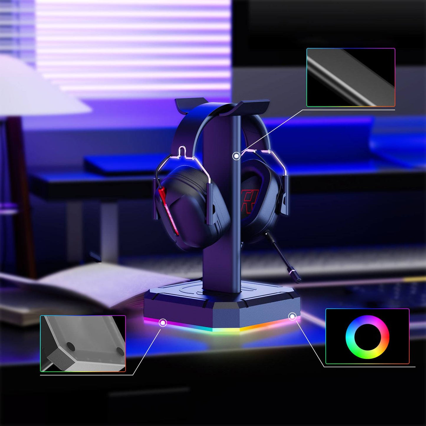 Suporte para fone de ouvido headset com luzes RGB (modelo 1) Rede Canan