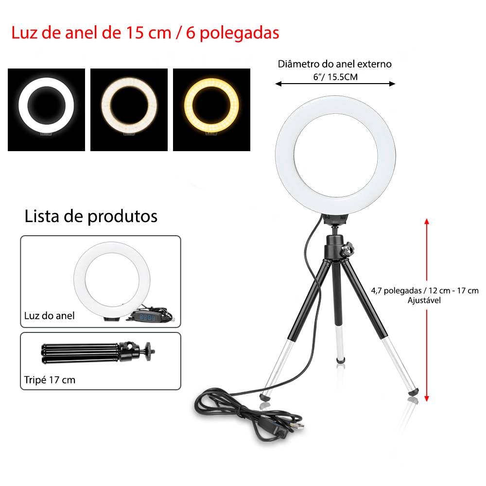 Ring light com tripé ajustável e 3 tipos de cores 16cm - Rede Canan
