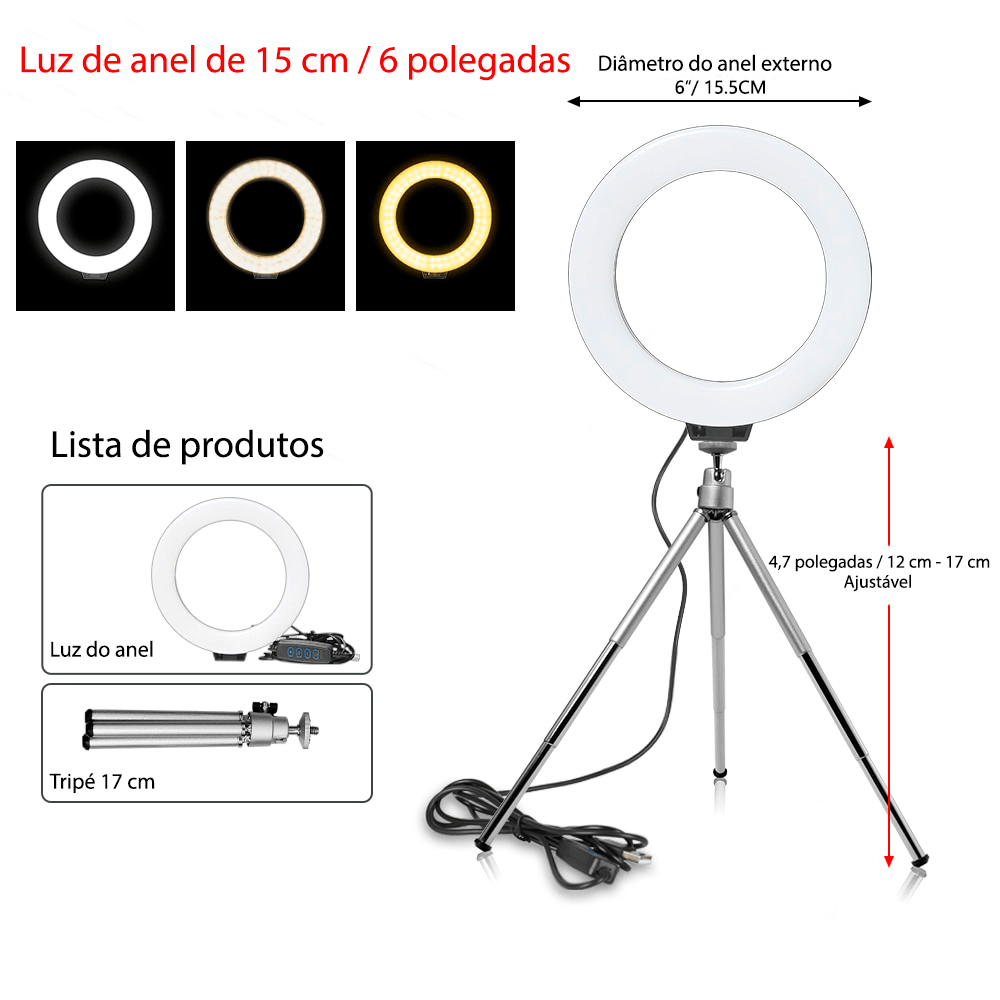 Ring light com tripé ajustável e 3 tipos de cores 16cm - Rede Canan