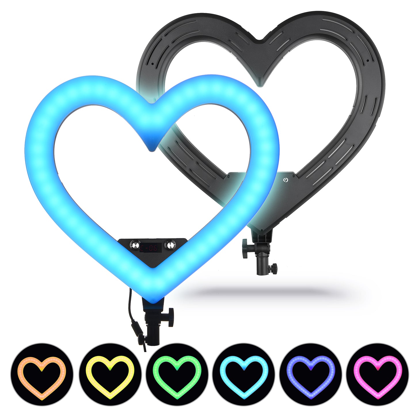 Ring light com formato em coração com tripé ajustável, várias cores e 3 suportes para celular Rede Canan