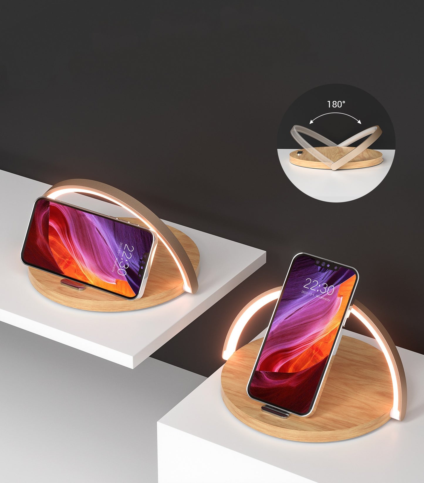 Luminária e suporte com carregador sem fio e por indução acoplado para telefone celular Rede Canan