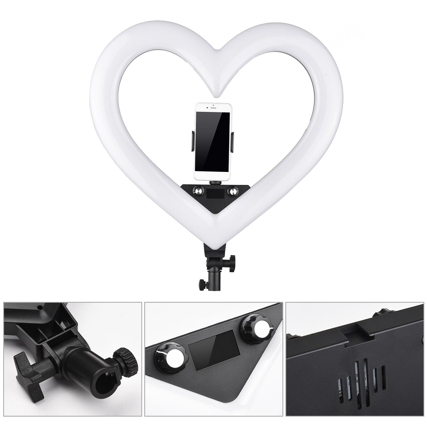 Ring light com formato em coração com tripé ajustável, várias cores e 3 suportes para celular Rede Canan