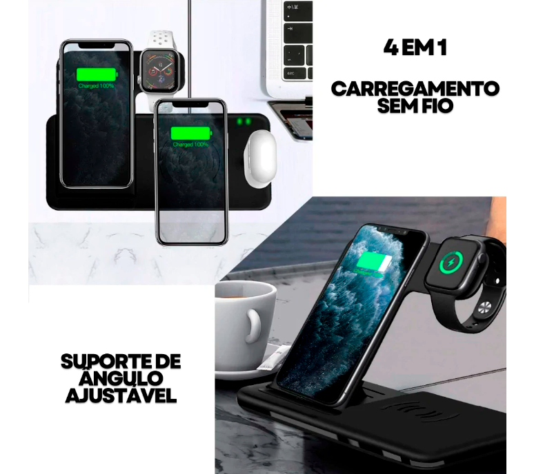 Carregador portátil sem fio e por indução 4 em 1 com suporte duplo Rede Canan