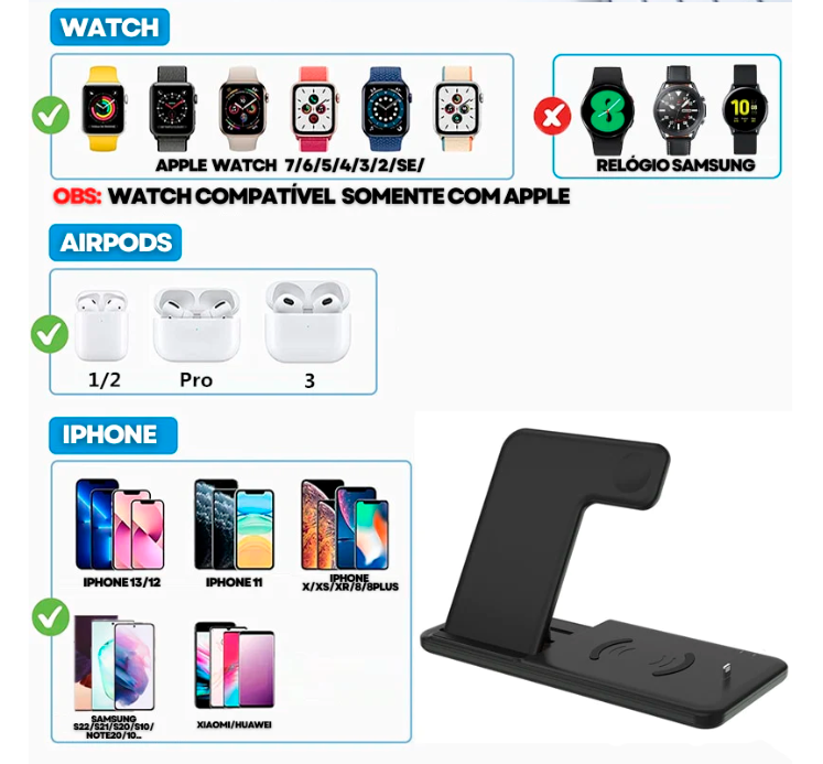 Carregador portátil sem fio e por indução 4 em 1 com suporte duplo Rede Canan
