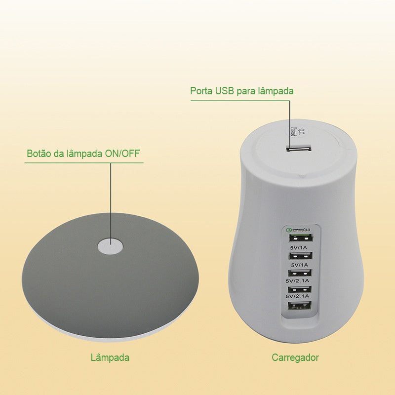 Luminária com 5 entradas USB para carregamento e suporte acoplado Rede Canan