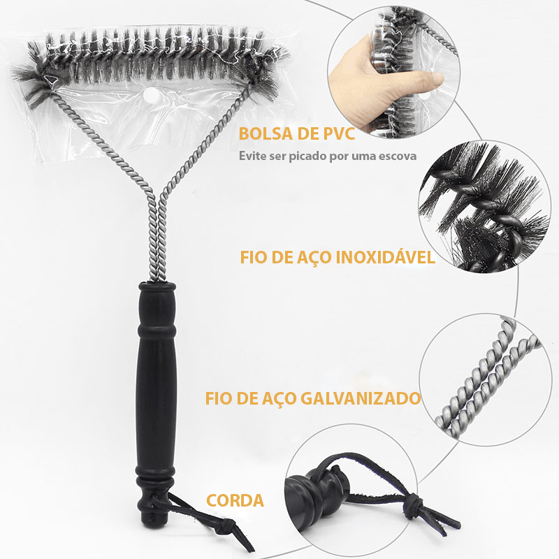 Escova para limpeza de gelha e churrasqueira com cerdas de aço inox antiaderente - Rede Canan