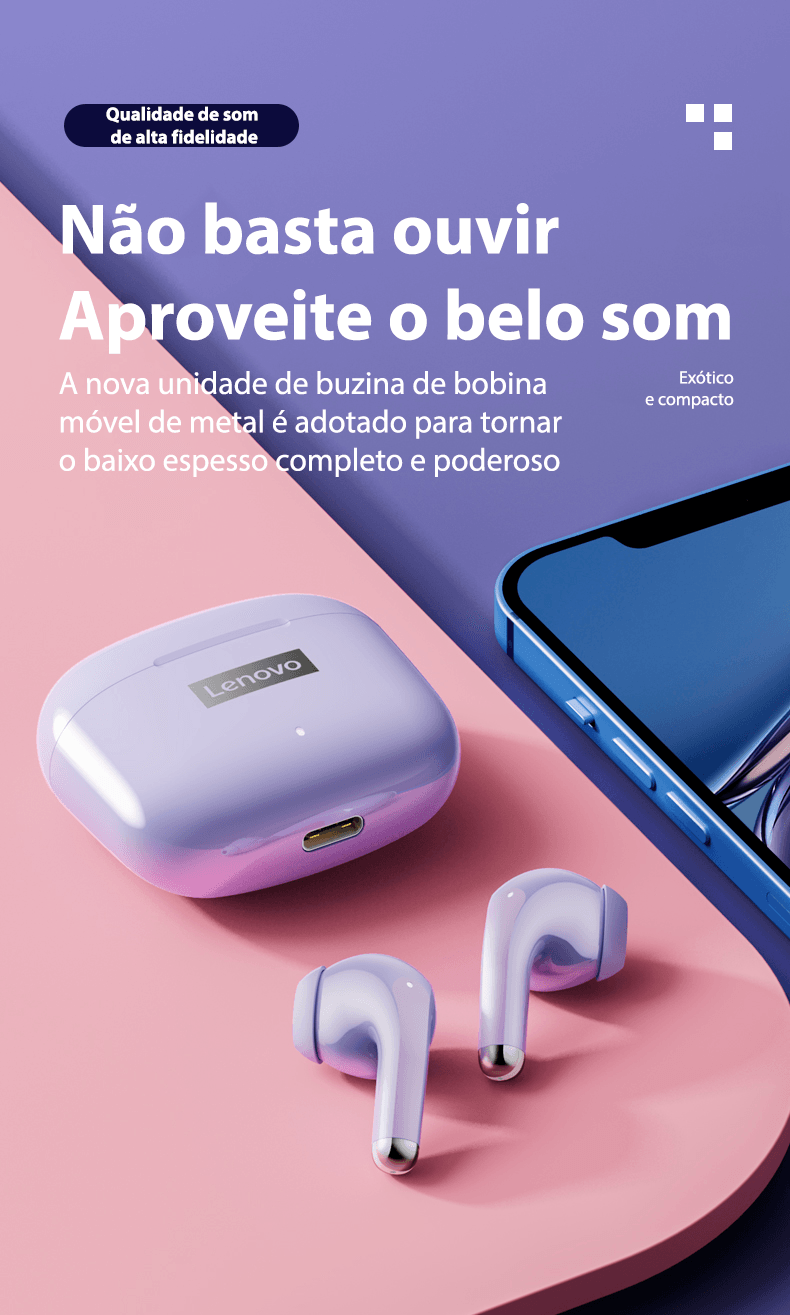 Fone de ouvido sem fio TWS via bluetooth Lenovo LP40 Pro + bolsa de proteção e kit de limpeza - Rede Canan