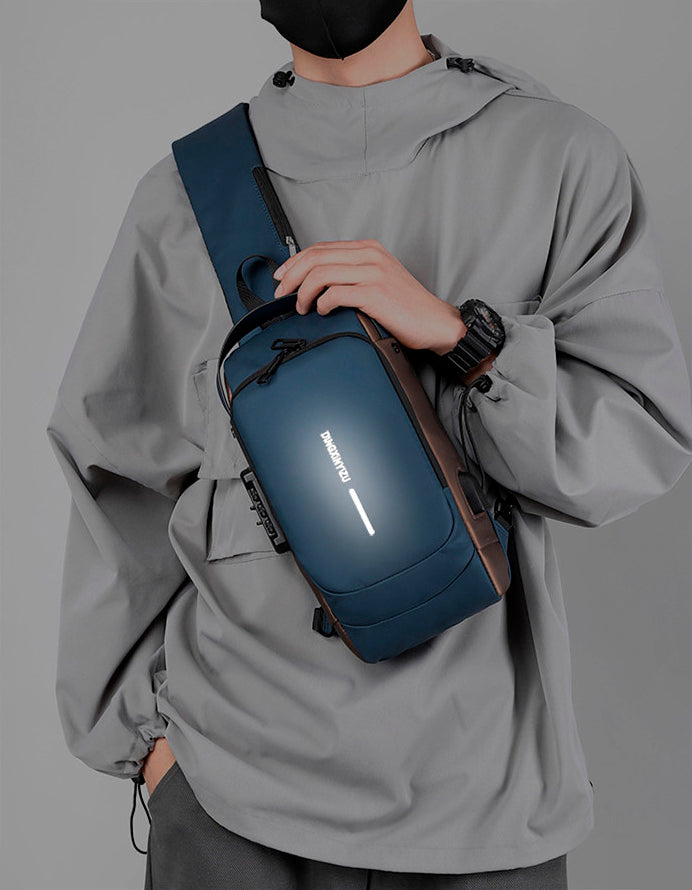 Mochila impermeável com entrada USB para carregamento de bateria de telefone celular e bloqueio/trava antifurto Rede Canan