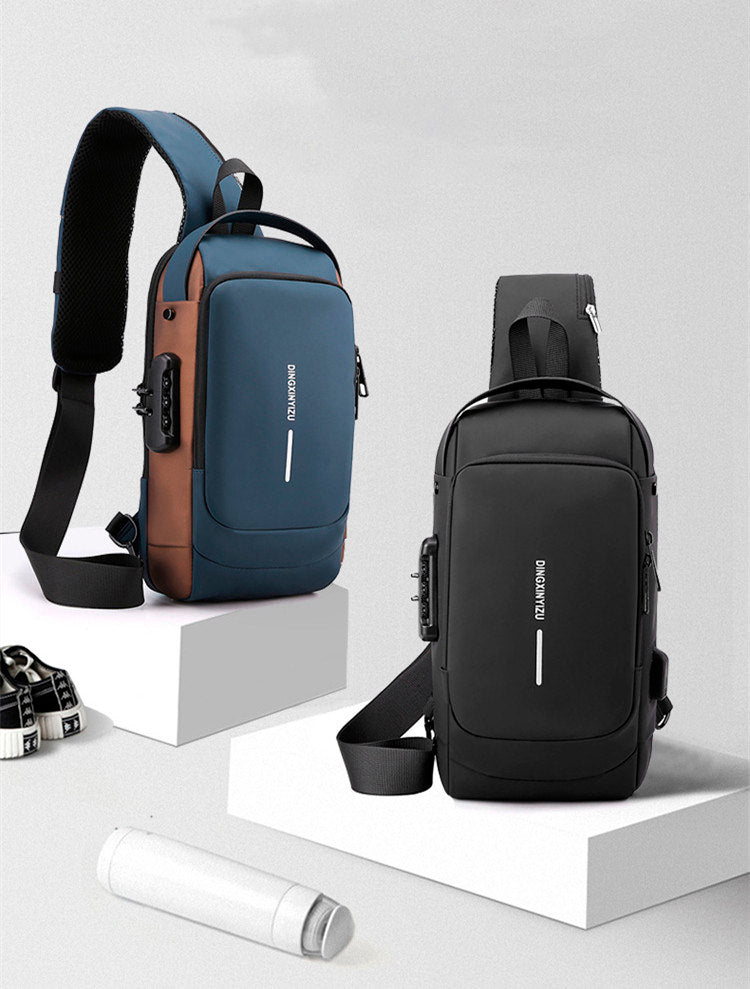 Mochila impermeável com entrada USB para carregamento de bateria de telefone celular e bloqueio/trava antifurto Rede Canan