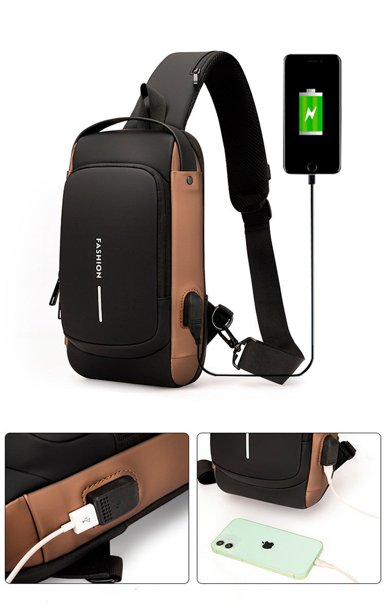 Mochila impermeável com entrada USB para carregamento de bateria de telefone celular e bloqueio/trava antifurto Rede Canan