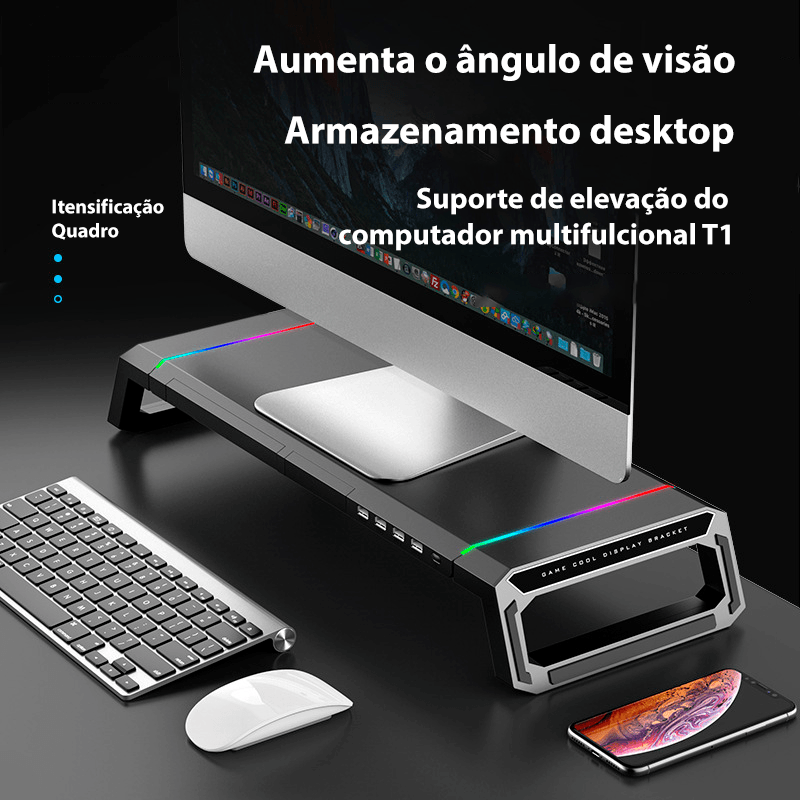 Mesa suporte para monitor com LED e 4 entradas USB - Rede Canan