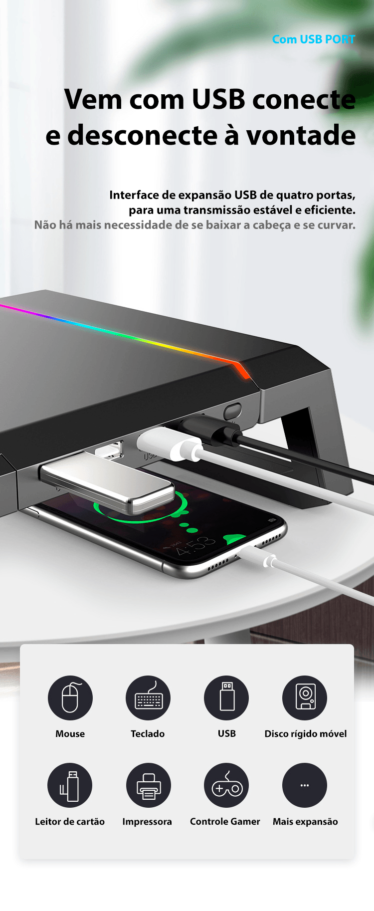 Mesa suporte para monitor com LED e 4 entradas USB - Rede Canan