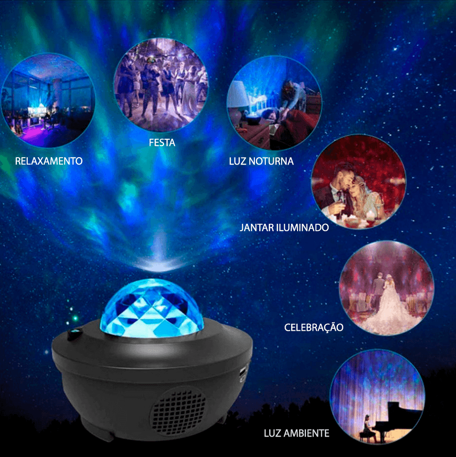 Projetor de luz céu estrelado/galáxia com caixa de som via bluetooth ou cartão - Rede Canan