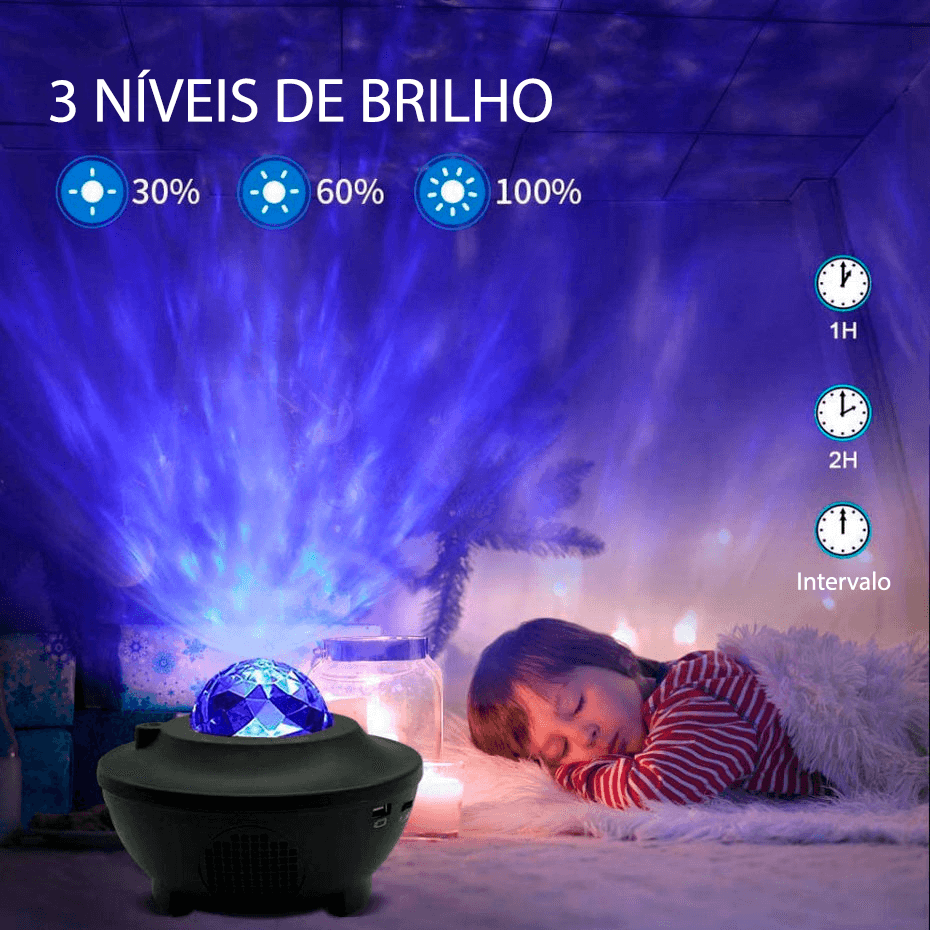 Projetor de luz céu estrelado/galáxia com caixa de som via bluetooth ou cartão - Rede Canan