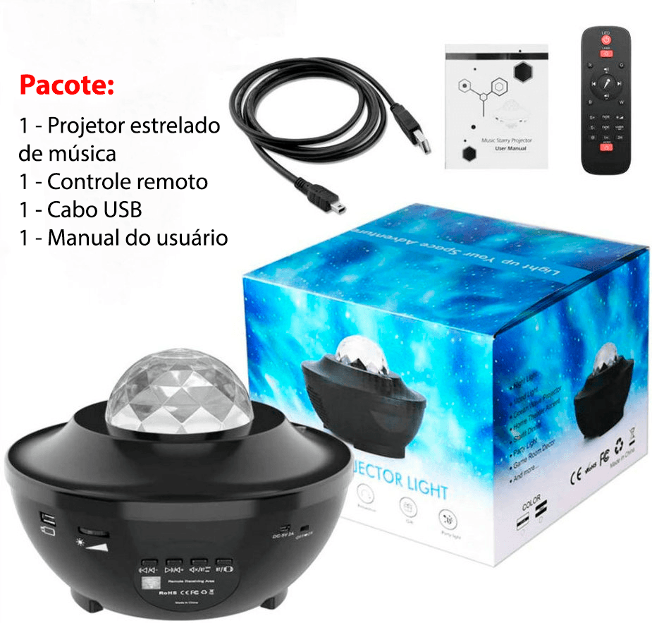 Projetor de luz céu estrelado/galáxia com caixa de som via bluetooth ou cartão - Rede Canan