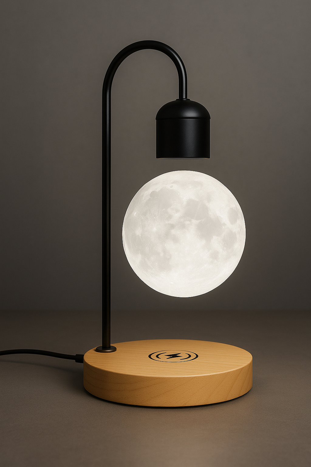 Luminária lua flutuante com levitação magnética e carregador sem fio e por indução acoplado para celular