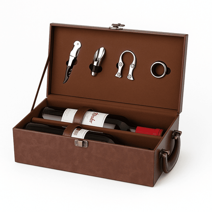Maleta para vinho de couro com compartimento para 2 garrafas e kit de 4 acessórios