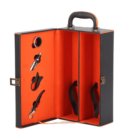 Maleta para vinho de couro com compartimento para 2 garrafas e kit de 3 ou 4 acessórios