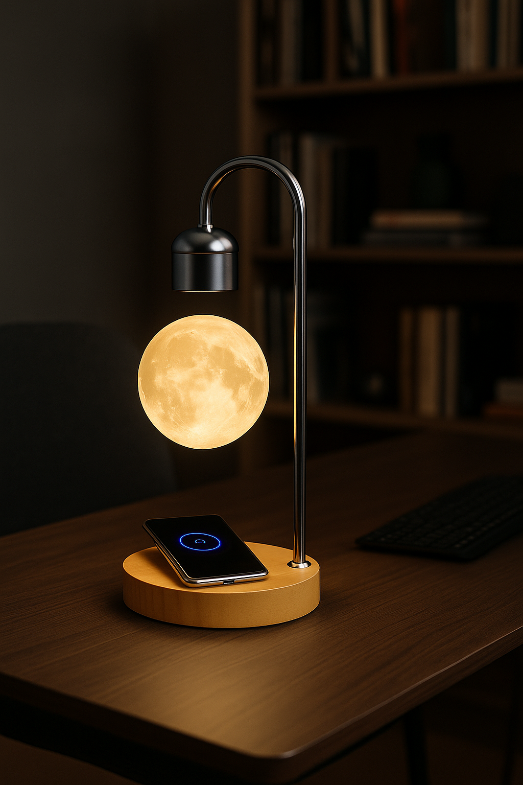 Luminária lua flutuante com levitação magnética e carregador sem fio e por indução acoplado para celular